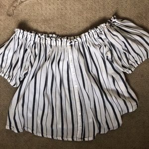 Blue stripped off the shoulder top